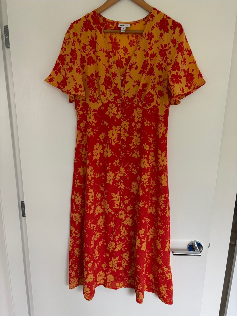 Floral V-Neck Red and Mustard Midi Dress